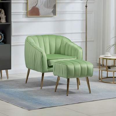 Velvet Accent Chair, Modern Barrel Chair With Ottoman, Arm Pub Chair For Living Room/Bedroom/Nail Salon, Golden Finished Velvet Decorative Chairs