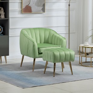 Velvet Accent Chair, Modern Barrel Chair With Ottoman, Arm Pub Chair For Living Room/Bedroom/Nail Salon, Golden Finished Velvet Decorative Chairs - 1 of 4