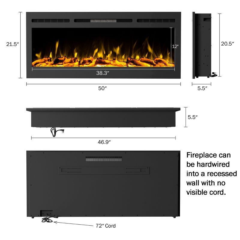 Northwest 50-Inch Wall Mounted Electric Fireplace with Remote (Black), 4 of 11
