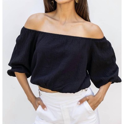 Women's Shirred Boatneck 3/4 Sleeve Gauze Top - bobi