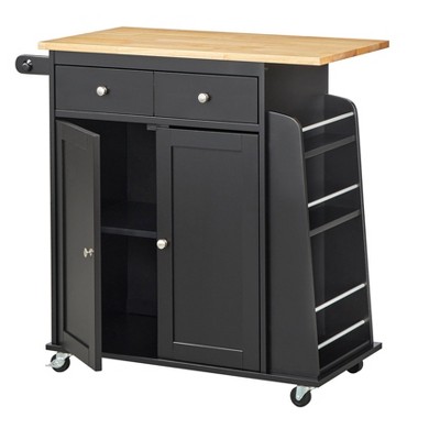 Black and Natural Wood Kitchen Cart with Storage and Wheels