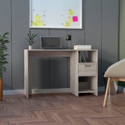 Vynxaria Modern Naxos Computer Desk - 43.3"W, Light Gray, 1-Drawer & 2 Open Storage Shelves