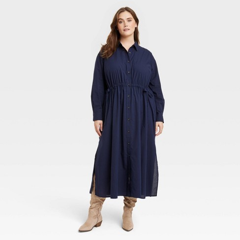 Women's Long Sleeve Cinch Waist Maxi Shirtdress - Universal Thread™ Navy  Blue 3X