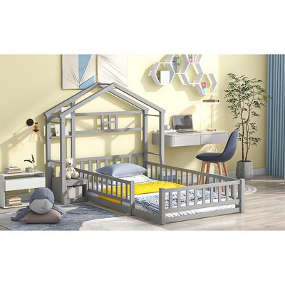 CAVINAS Twin Size Montessori Floor Bed for Kids,Toddler Bed Frames with House-Shaped Roof Headboard & 1 Nightstand,Slatted,No Box Spring Needed
