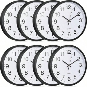 8 Pcs Large Silent Quartz Analog Wall Clocks Round Black 12 Inch Classroom Office School Kitchen Home Bedroom Decorative - 1 of 4