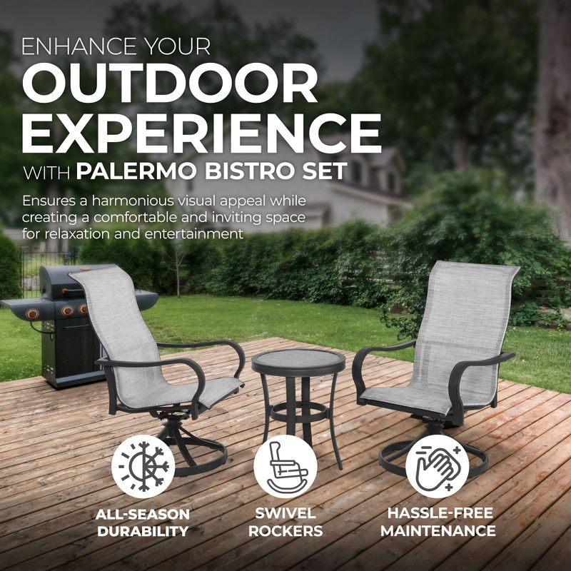 Four Seasons Courtyard Palermo 3 Piece Aluminum Bistro Furniture Set with Swivel Rockers and Drop In Tile Table for Outdoor Backyard Lawns and Patios, 3 of 7