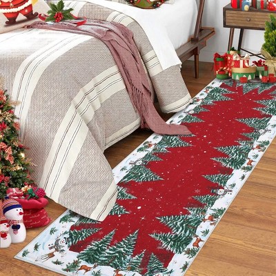 Fulvari Snowman House Pine Tree Christmas Area Rug,Xmas Home Decor Low-Profile Washable Area Rugs for Entryway Bedroom Living Room