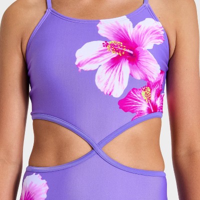 Art Class Girls' Hibiscus Cutout One Piece Swimsuit - art class™ Purple M — фото 2