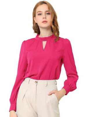 INSPIRE CHIC Women's Office Keyhole Elegant Stand Collar Long Sleeve Back Neck Button Blouse