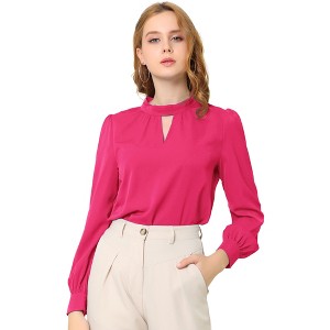 INSPIRE CHIC Women's Office Keyhole Elegant Stand Collar Long Sleeve Back Neck Button Blouse - 1 of 4