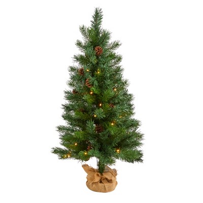 Nearly Natural 3-ft Fraser Fir Natural Look Artificial Christmas Tree with 50 Clear LED Lights, Pinecones, a Burlap Base and 90 Bendable Branches