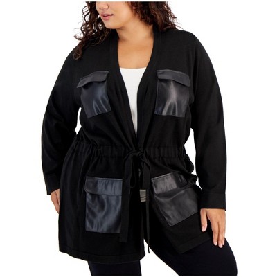 Calvin Klein Faux Leather Pockets Drawstring Tie Sweater
