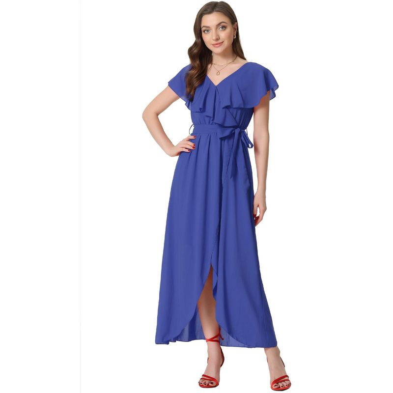 Allegra K Women's Short Sleeve Ruffled V Neck Casual Maxi Wrap Dress, 1 of 6