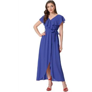 Allegra K Women's Short Sleeve Ruffled V Neck Casual Maxi Wrap Dress