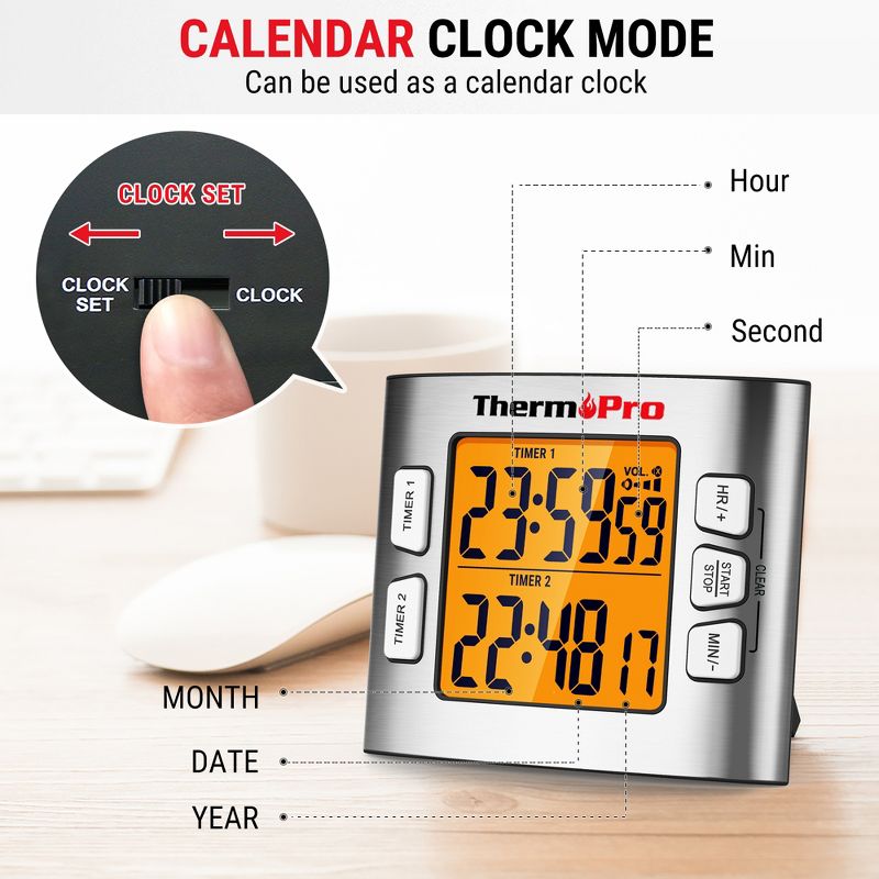 ThermoPro TM02W Digital Kitchen Timer with Adjustable Loud Alarm and Backlight LCD Big Digits/ 24 Hour Digital Timer for Kids Teachers with Dual Countdown Stop Watches Timer/Magnetic Timer Clock, 3 of 10