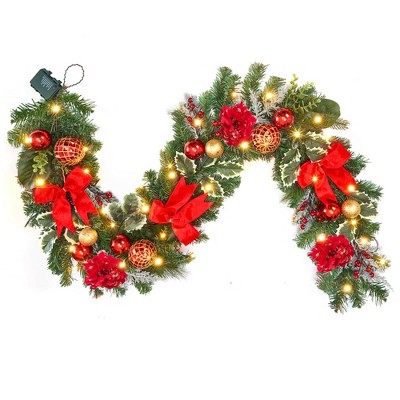 MOEPISY 6ft Pre-lit Garland,red Gold Christmas Decorated Garland with 30 LED Light