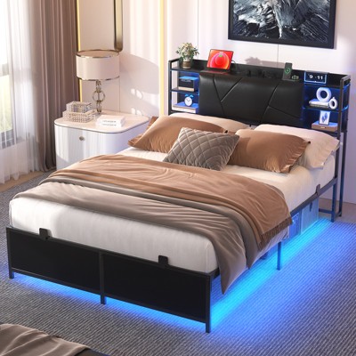 Aheaplus Upholstered Bed Frame with Storage Headboard , Charging Station and LED Light