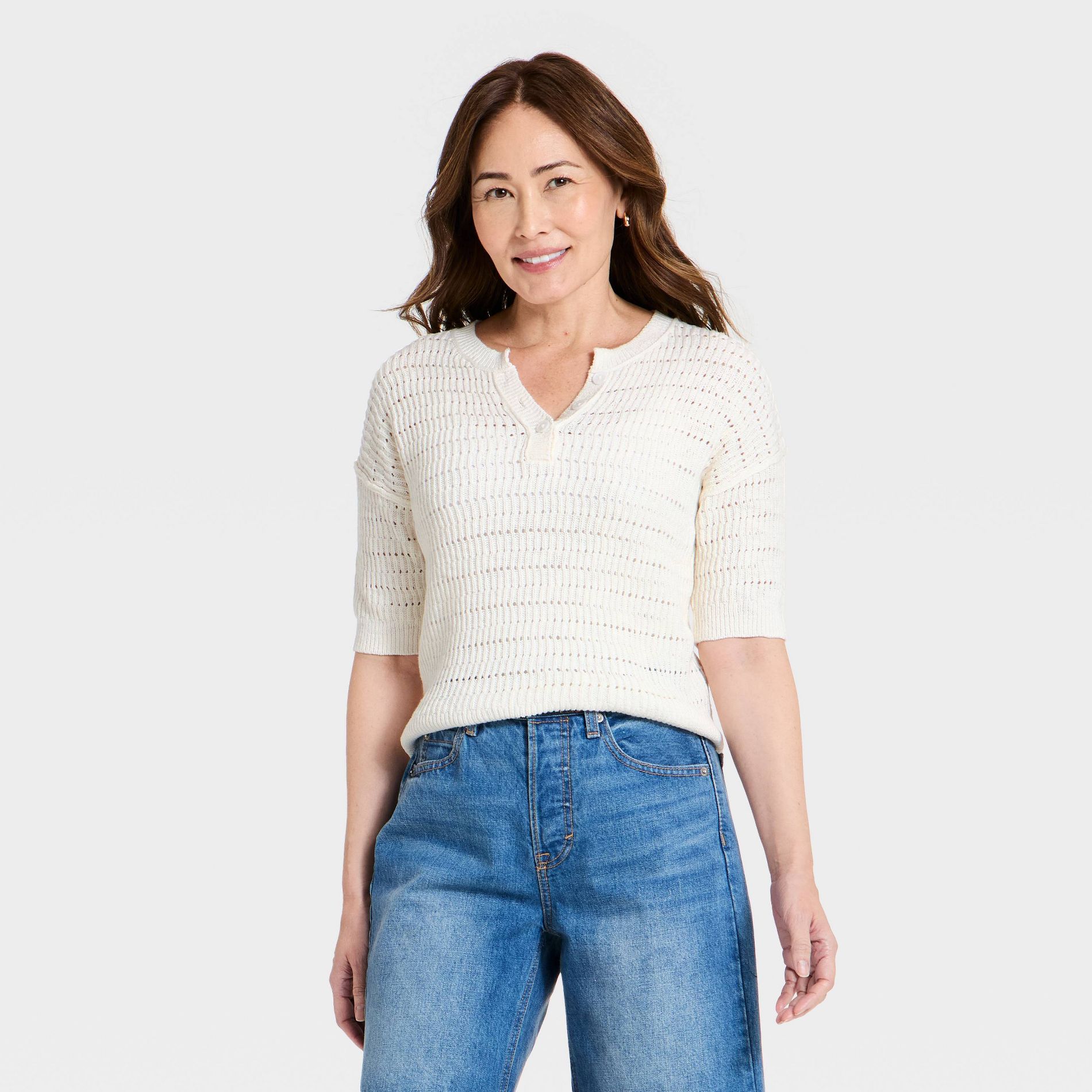 Women's Short Sleeve Button-Up Crewneck Pullover Sweater - Universal Thread™