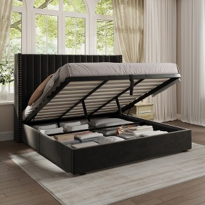 Lift Up Storage Bed Frame,Upholstered Platform Bed Velvet - 1 of 4