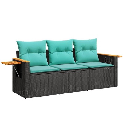 vidaXL Patio Sofa Set with Cushions - 3 Piece Black Poly Rattan Outdoor Furniture with Storage, Side Table - Blue Cushions
