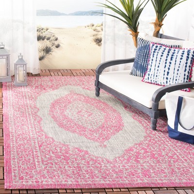 Light Grey and Fuchsia Square Synthetic Indoor/Outdoor Rug