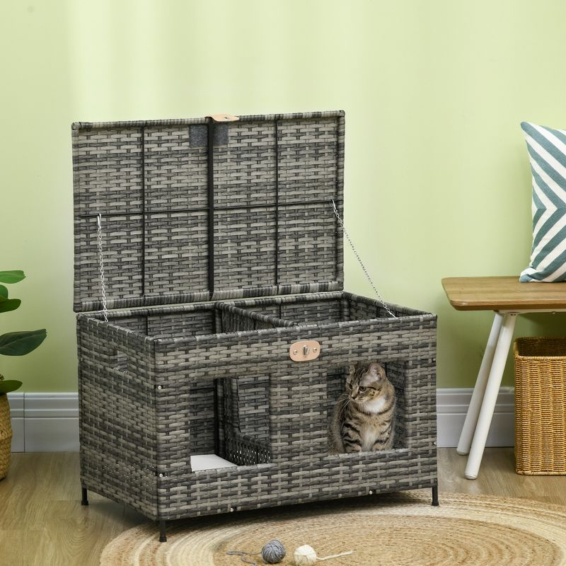 PawHut Rattan Cat Bed with Removable Divider, Double-Room Wicker Cat Beds for Indoor Cats, Pet Furniture for 2 Cats, Cushions, Outdoor Indoor, Gray, 2 of 7