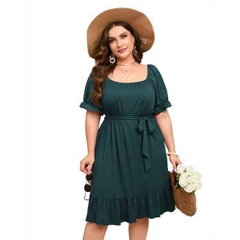 WhizMax Women's Casual Plus Size Square Neck Dress Short Sleeve Dress High Waist Ruffle Summer Midi Dress with Belt