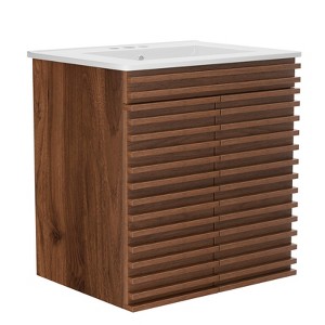 APRILSOUL Bathroom Vanity, Mid-Century Wall Mounted Floating Cabinet with 2 Closing Doors, Wood Grain Texture, Walnut - 1 of 4