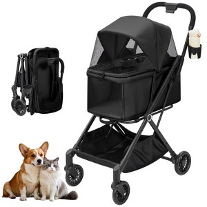 100 lbs Capacity 4-Wheel Folding Dog Stroller, Detachable Carrier & Storage Basket, Breathable Pet Travel Stroller for 2 Dogs/Cats - 1 of 4