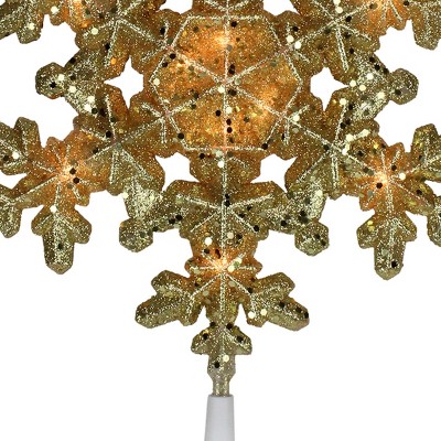 Gold Glitter Snowflake Christmas Tree Topper with Clear Lights