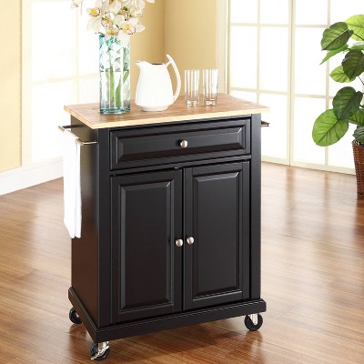 Black Wood Kitchen Cart with Natural Top and Storage
