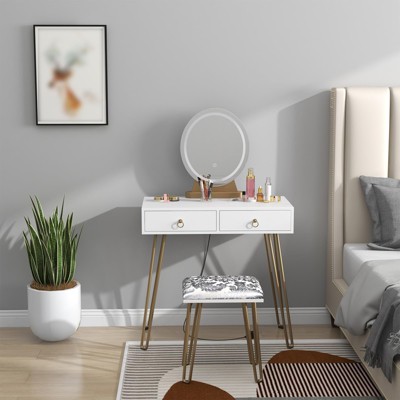 Makeup Vanity Set with 3-Color Dimmable Lighted Mirror, Makeup Dressing Table with Drawers, Padded Stool