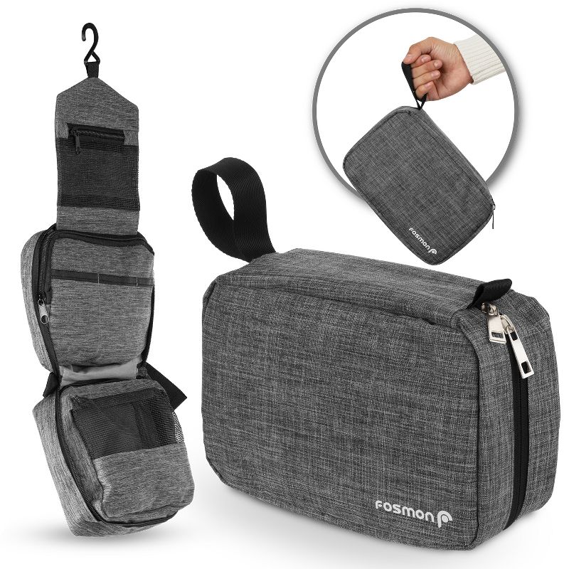 Fosmon Travel Toiletry Bag Hanging, 3 Compartments Zipper Travel Makeup Bag For Weekender Cosmetic Travel Bags, Waterproof Travel Pouch For Toiletries
