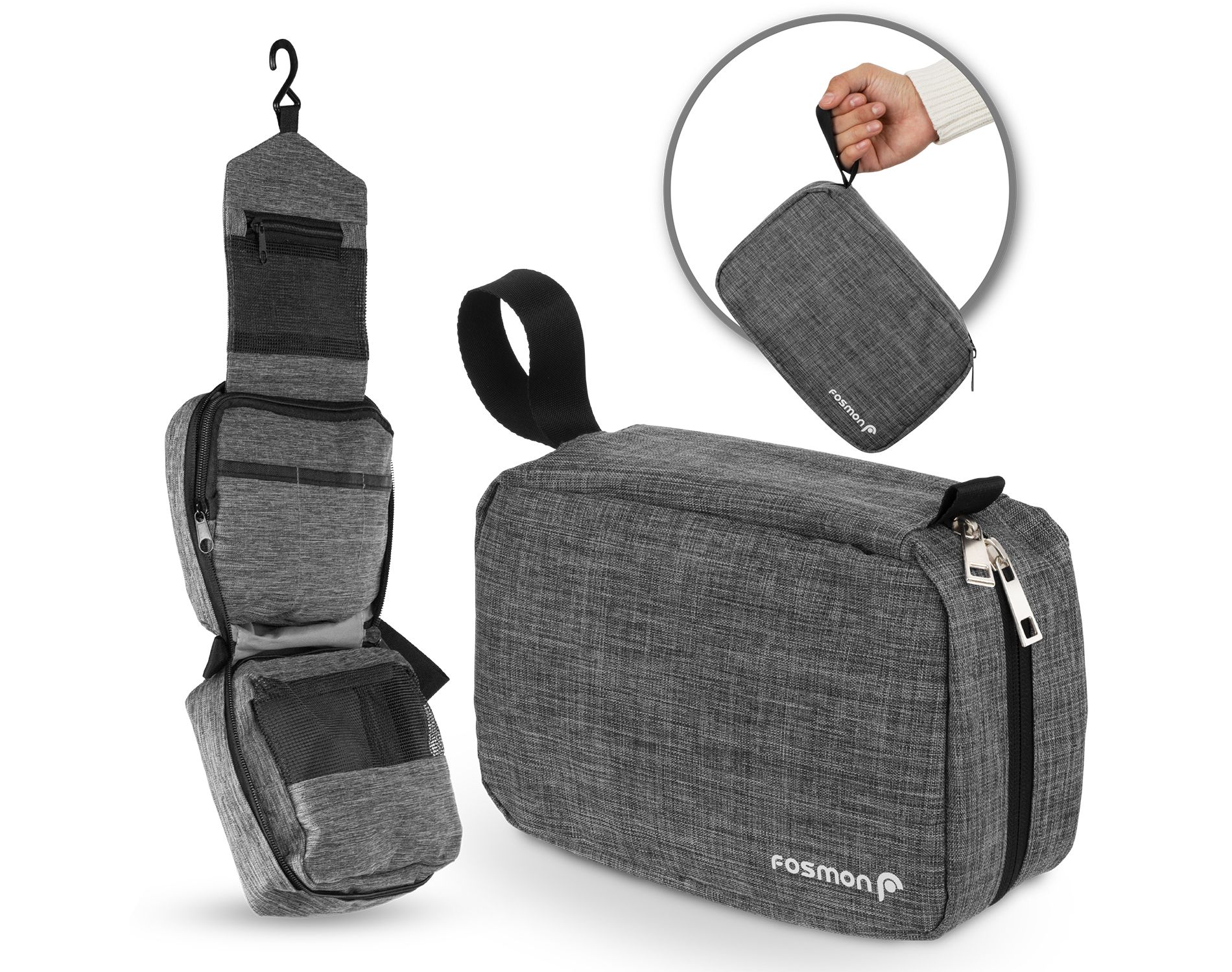 Fosmon Travel Toiletry Bag Hanging, 3 Compartments Zipper Travel Makeup Bag For Weekender Cosmetic Travel Bags, Waterproof Travel Pouch For Toiletries