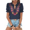 Womens Short Sleeve Embroidered Floral Blouse Puff Sleeves Top Shirts - 3 of 4