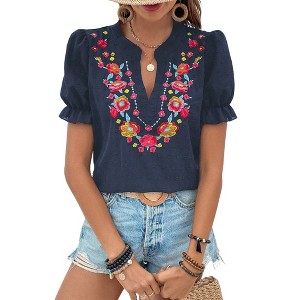 Womens V Neck Shirts Puff Sleeve Embroidered Floral Blouse Tops - 1 of 4