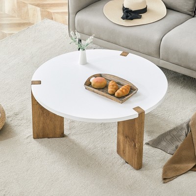 FURNIinspire Coffee Tables Modern Circular MDF Material Coffee Table With Three Table Legs, Unique Embedded Design, White, 33"*33"*16"