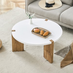 FURNIinspire Coffee Tables Modern Circular MDF Material Coffee Table With Three Table Legs, Unique Embedded Design, White, 33"*33"*16" - 1 of 4