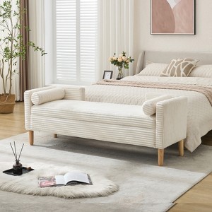 KTMBDW 65" Ottoman Bench,Corduroy Upholstered Storage Bench with Armrest,Entryway Bench,End of Bed Bench with Padded Cushion for Living Room - 1 of 4