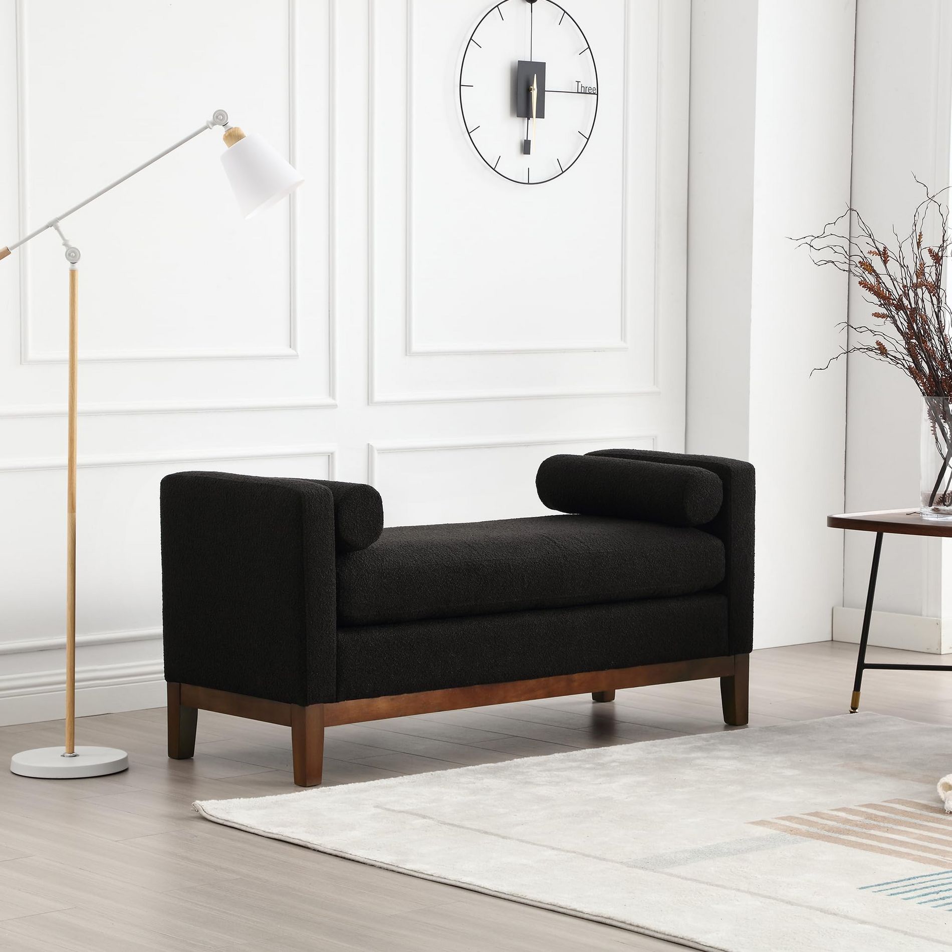 53.5" W Upholstered Bench, Wood Legs & Bolster Pillows, Boucle Fabric, for Bedroom, Living Room, Entryway, Black