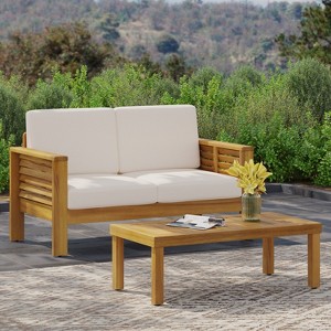 VYNXARIA Teak Acacia Wood Loveseat and Coffee Table Set with Cream Cushions - 1 of 4