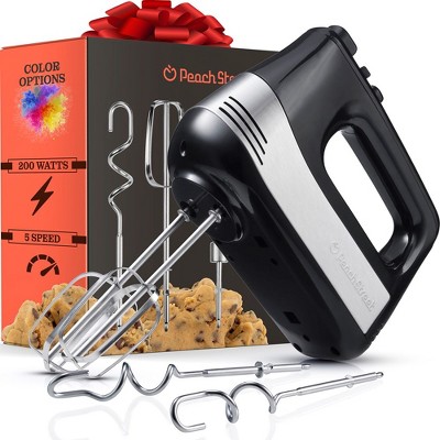 Peach Street Kitchen Hand Mixer, 200 Watts, 5 Speed Food Handheld, with Turbo Button, Dough, Whisk, Beater Attachments, Bin, for Dough, Eggs, Batter
