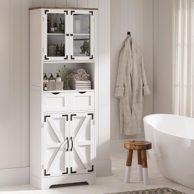 67" Tall Freestanding Bathroom Storage Cabinet with Glass Doors & Adjustable Shelves, White