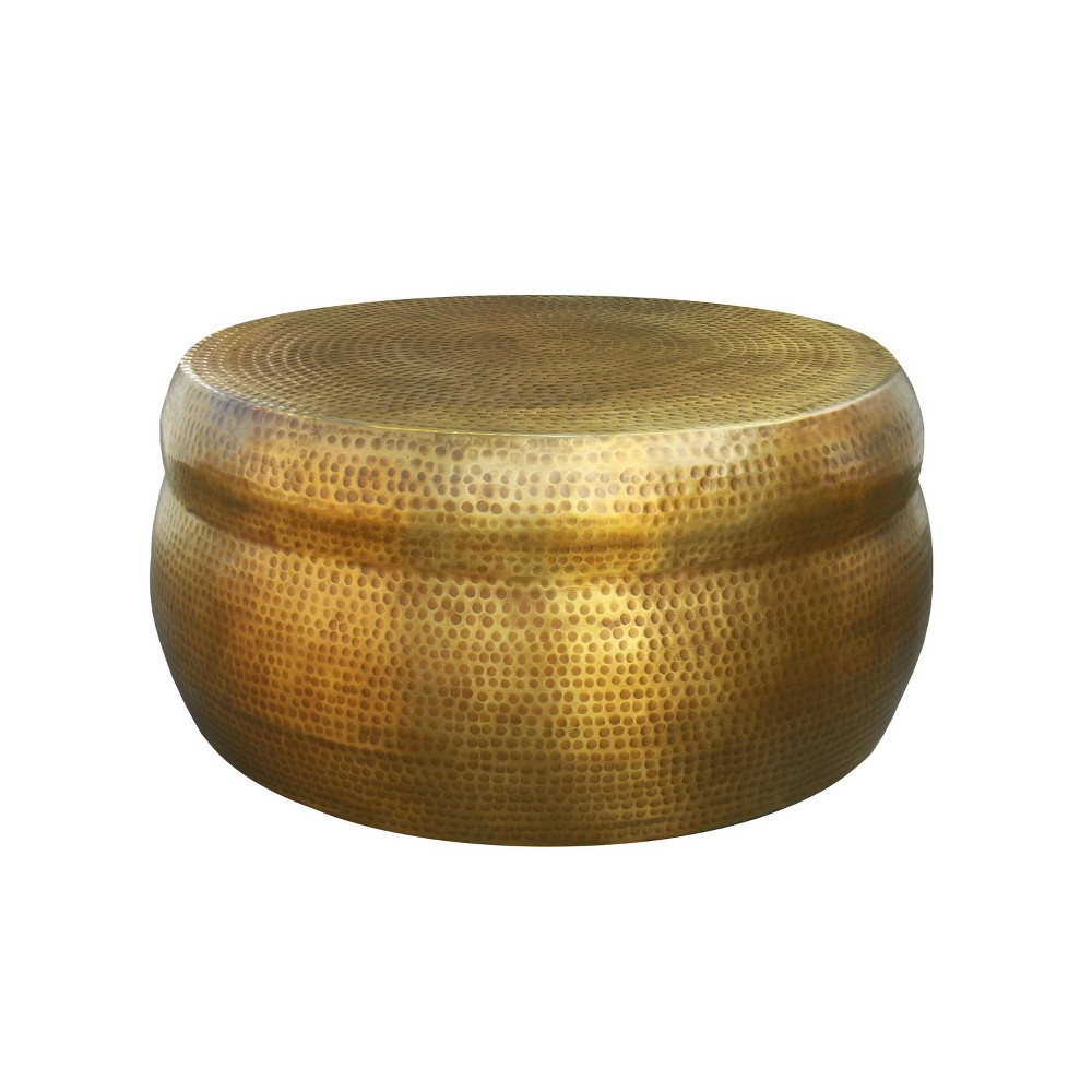 The Urban Port 32" Artisanal Round Drum Coffee Table Hammered Embossed Texturing Aluminum Antique Brass