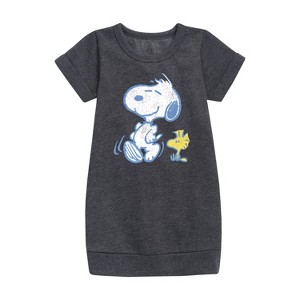 - Peanuts - Snoopy And Woodstock Pastels Graphic Short Sleeve Fleece Dress - 1 of 3