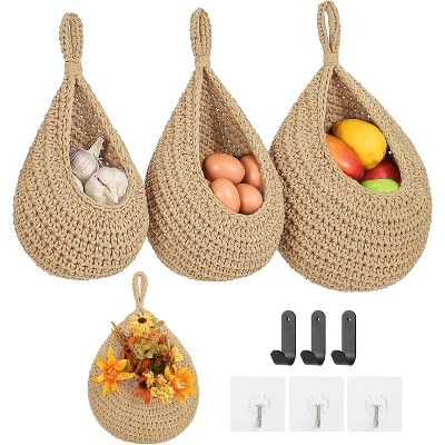 3 Pack Woven Produce Holder with 6 Hooks, Vegetable Hanging Basket for Organizing Potato Onion Storage