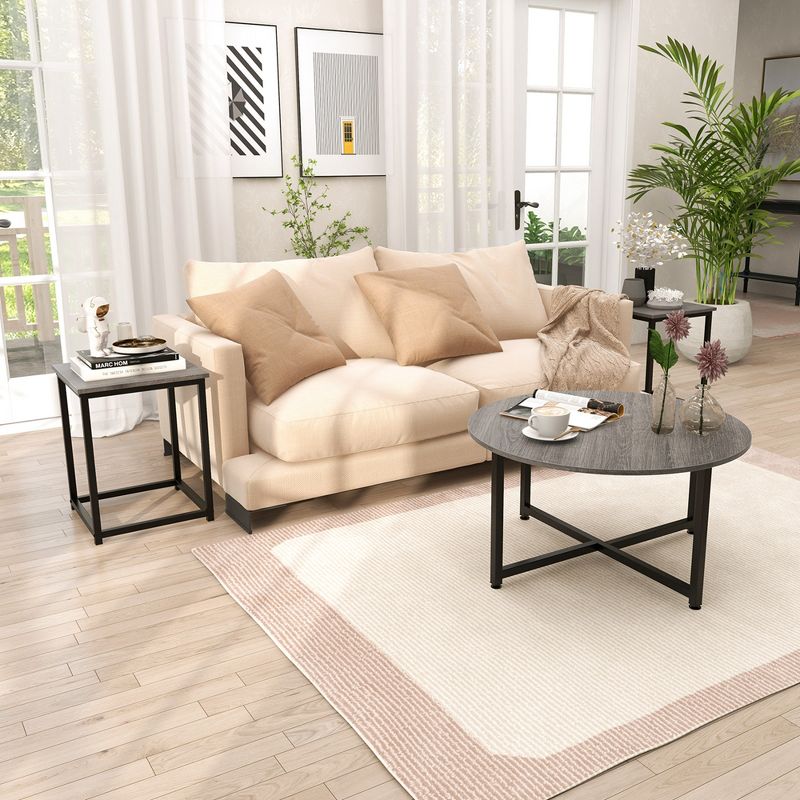 Costway 3 PCS Coffee Table Set Round Coffee Table and 2 PCS Square End Tables Metal Frame, 5 of 11