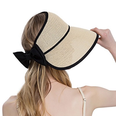 Anna-Kaci Womens Roll Up Straw Sun Visor Wide Brim Bow Detail Adjustable UV Protection Packable Summer Hat