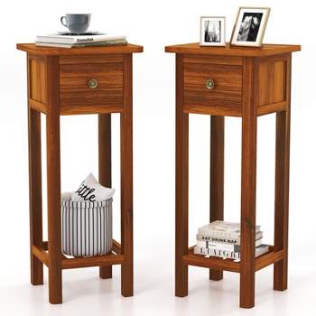 Costway 2PCS Solid Wood Side Table with Acacia Wood Top Drawer & Open Shelf Small Nightstand