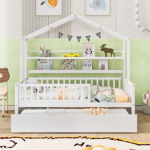Twin Size House Bed w/2 Drawers and Storage Shelves, Wood Family Bed with Roof & Fence Rails Playhouse Tent Bed Frame, Multiple-Function Daybed - 1 of 4